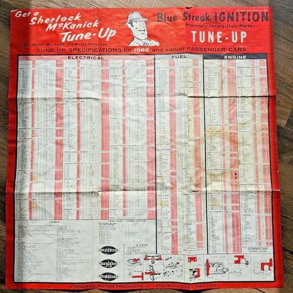 VTG 1962 Wall Chart Advertising Blue Streak Tune Up Parts Look Up For Cars Truck - Picture 1 of 9
